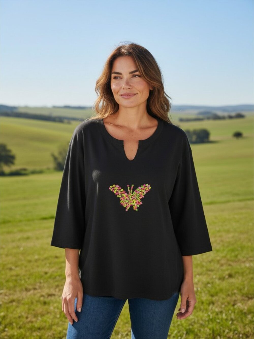Quacker Factory Beaded Butterfly Top Black 3/4 Sleeve Plus 1X Grandmacore
